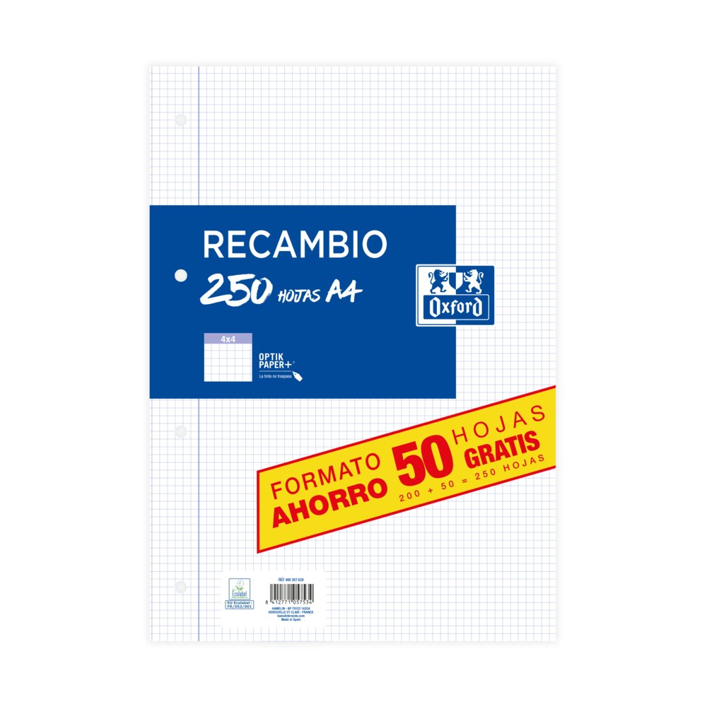 Recambio A4 Cuadro 4 mm 200h+50h con Margen Oxford Imagen principal del producto