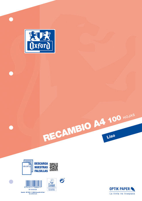 RECAMBIO A4 100H LISO 4 TALADROS OXFORD SCHOOL | 1 UNIDADES | (OXFORD) Imagen principal del producto