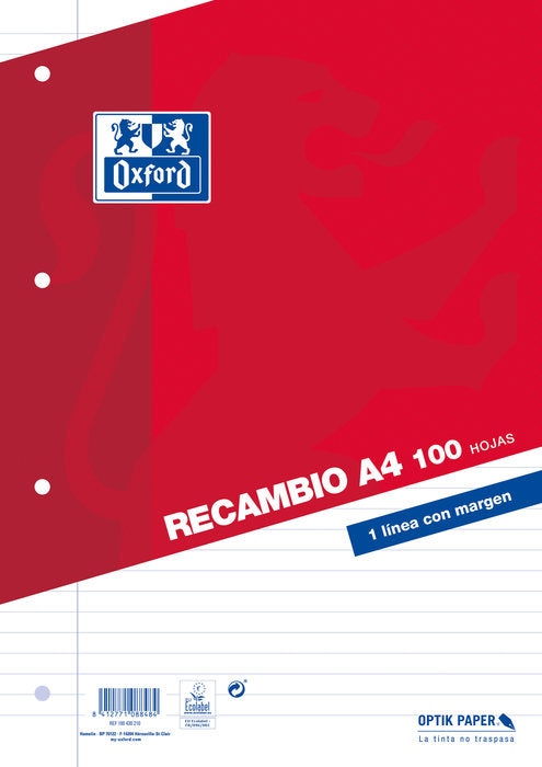 RECAMBIO A4 100H HORIZONTAL 4 TALADROS OXFORD SCHOOL | 1 UNIDADES | (OXFORD) Imagen principal del producto