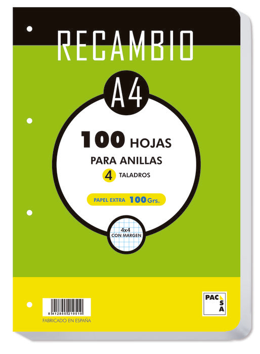 RECAMBIO A4 CUADRO 4MM 100G CANTOS REDONDEADOS 4 TALADROS | 1 UNIDADES | (PACSA)