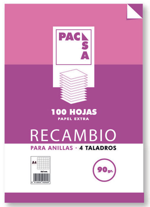 RECAMBIO A4 100H 90GR CUADRO 3MM 4 TALADROS | 1 UNIDADES | (PACSA)
