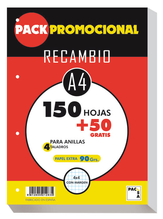 PACK PROMOCIONAL RECAMBIO A4 CUADRO 4MM 90G 200H 4 TALADROS | 1 UNIDADES | (PACSA) Imagen principal del producto