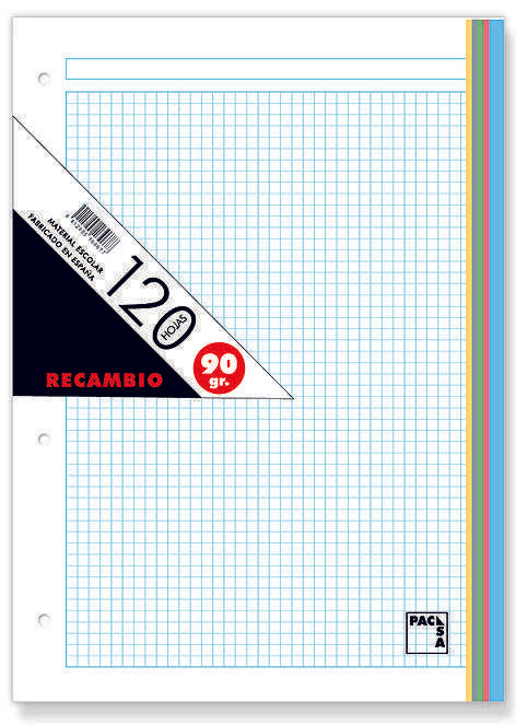 RECAMBIO A4 120H 90GR CUADRO 5MM COLORES SURTIDOS | 16 UNIDADES | (PACSA)