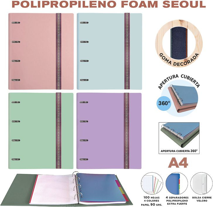 C/4 carpebloc ringbook foam a4 4 anillas 35mm con recambio colores pastel y goma decorada