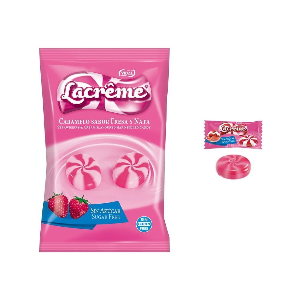 BOLSA CARAMELOS LA CREME FRESA NATA SIN AZUCAR 80 GR | VIDAL GOLOSINAS | ENVASE 12 UDS. UNIDAD | 18413178266786