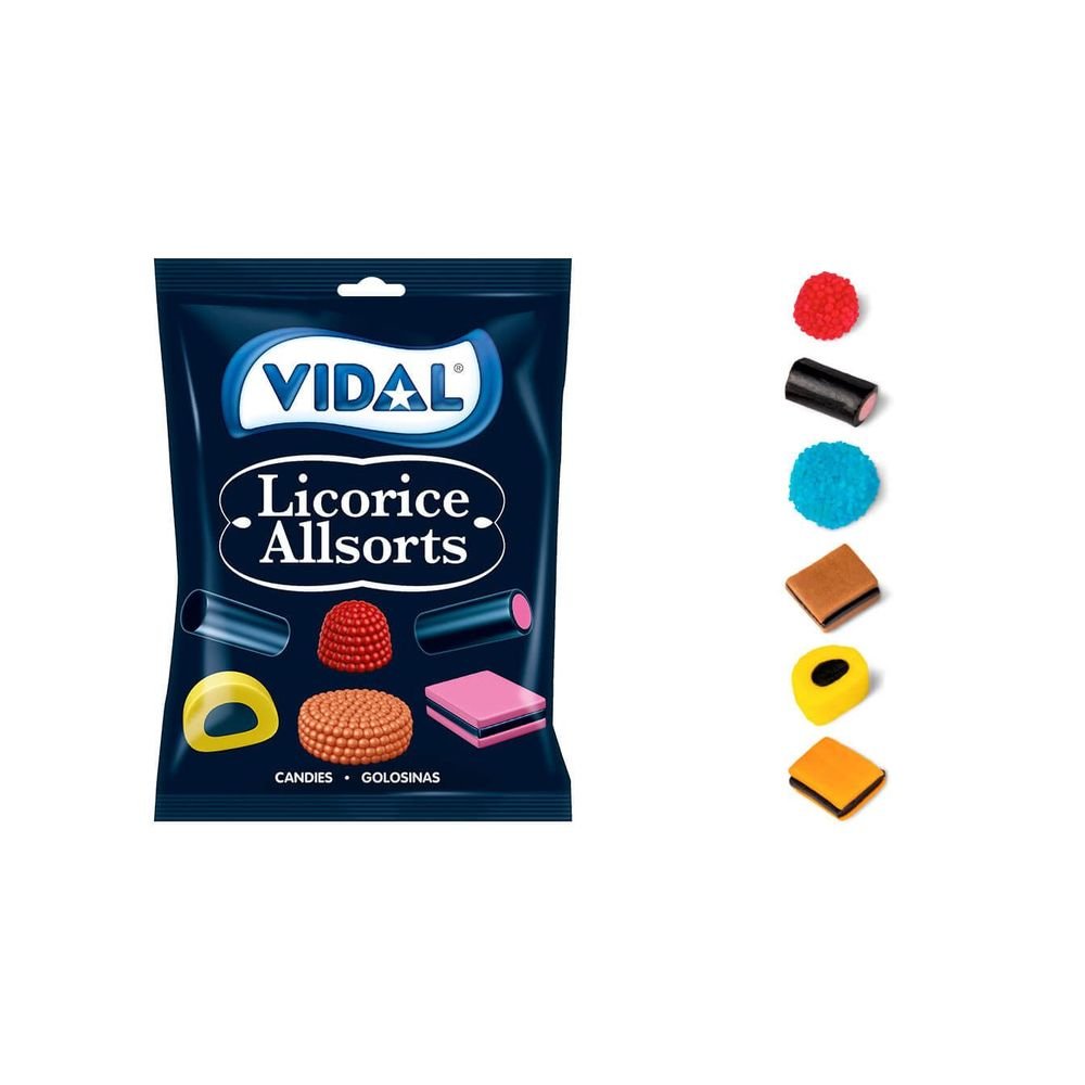 BOLSA CARAMELOS MASTICABLES LICORICES ALLSORTS 90GR | VIDAL GOLOSINAS | ENVASE 14 UDS. UNIDAD | 18413178339299