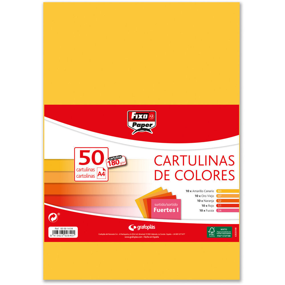Paq/50 Cartulinas Fixo A4 180g. Surtidos Fuertes 1 Imagen principal del producto