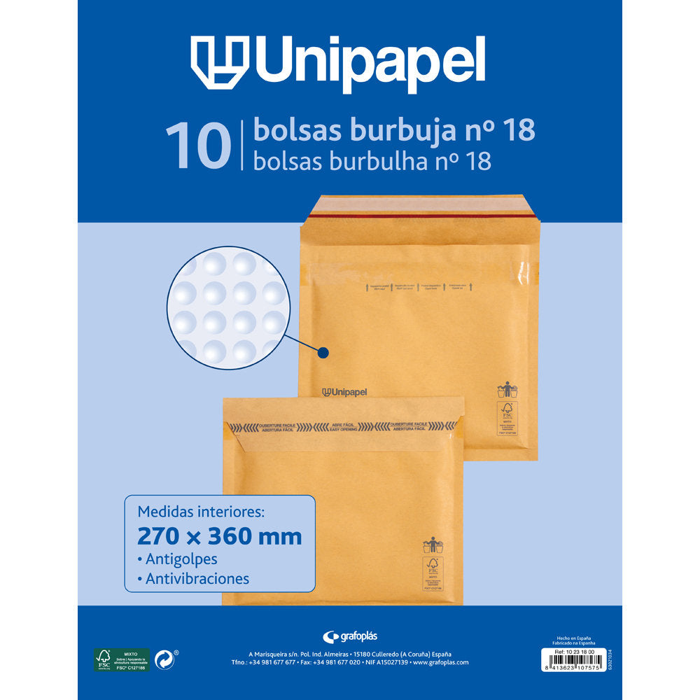 Bolsas burbujas Nº 18 270x360 mm Unipapel, pack 10 Imagen principal del producto