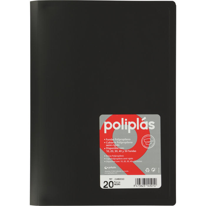 CARPETA POLIPLAS 20 FUNDAS FOLIO NEGRO | 8 UNIDADES | (GRAFOPLAS)