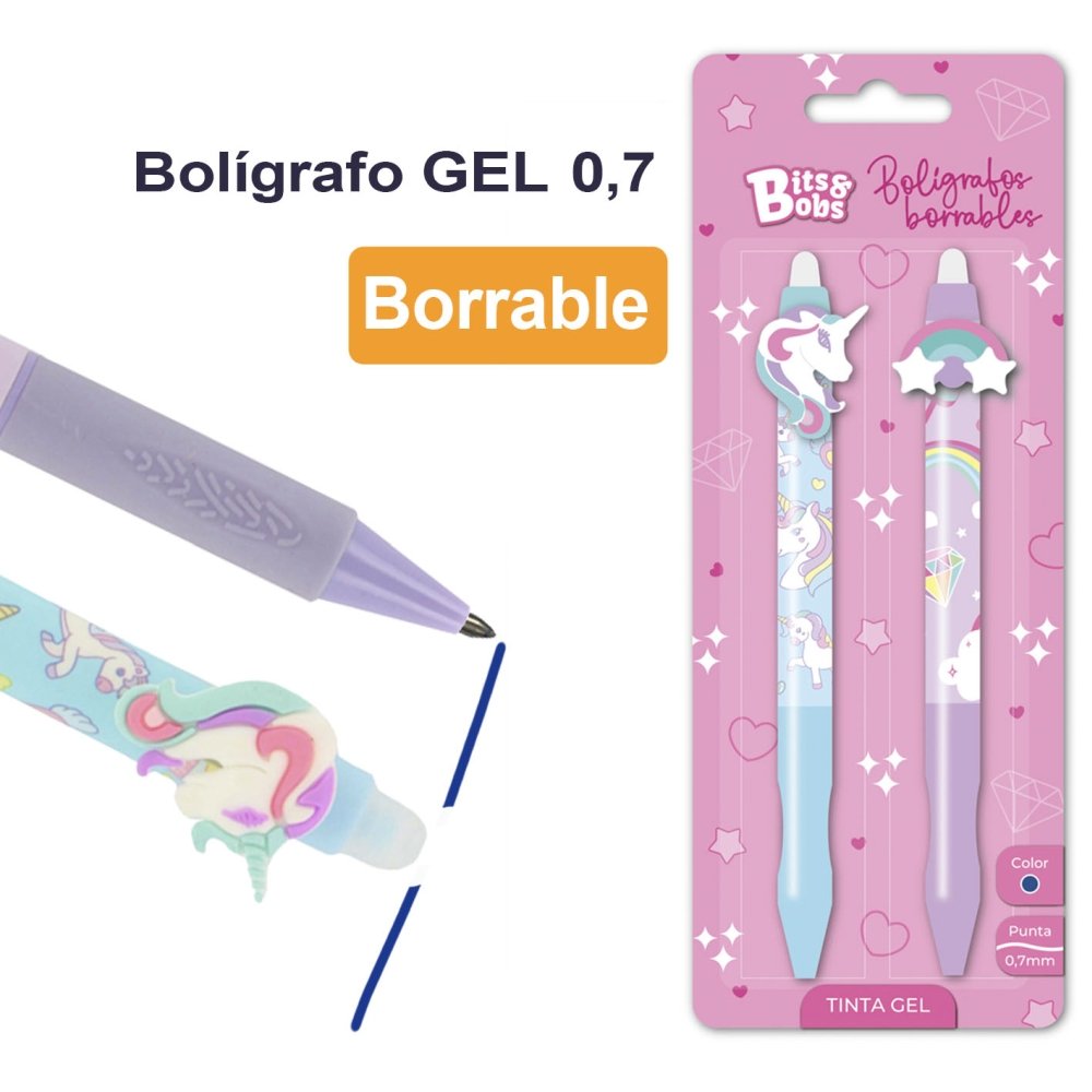 Blister 2 Bolígrafos Gel Borrables con Grip Unicornios Rainbow BITS&BOBS Imagen principal del producto