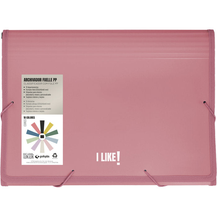 CARPETA ARCHIVADOR FUELLE GOMAS PP 13 SEPARADORES LIKE3 ROS | 1 UNIDADES | (GRAFOPLAS) Imagen principal del producto