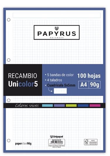 Recambio uni5 a4 100h 90g 4 taladros cuadricula 5x5 5 colores de banda tonos vivos Imagen principal del producto