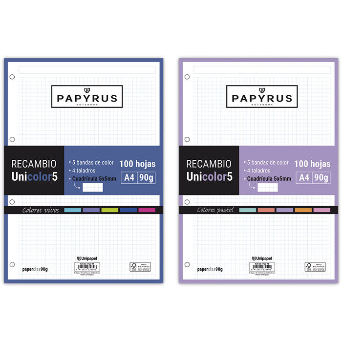 Recambio uni5 a4 100h 90g 4 taladros cuadricula 5x5 5 colores de banda tonos pastel Imagen principal del producto