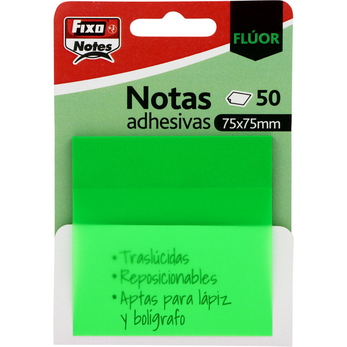 Bloc 50 notas adhesivas translucidas 75x75 verde fluor