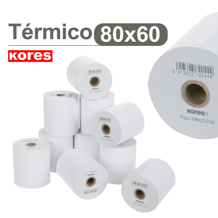 ROLLO PAPEL TERMICO 80X60X12 SIN BISFENOL A 41,5M KORES | 8 UNIDADES | (KORES) Imagen principal del producto