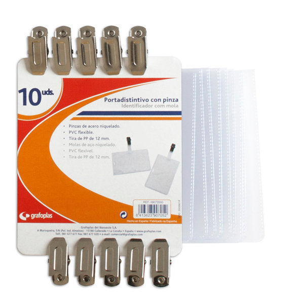 Bolsa 10 Portadistintivos con Pinz 70x108mm 150 Micras GRAFOPLAS