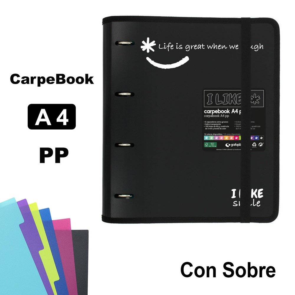 CARPEBOOK 4 ANILLAS 35 MM PP A4 LIKE2 NEGRO | 1 UNIDADES | (GRAFOPLAS DISEÑO)