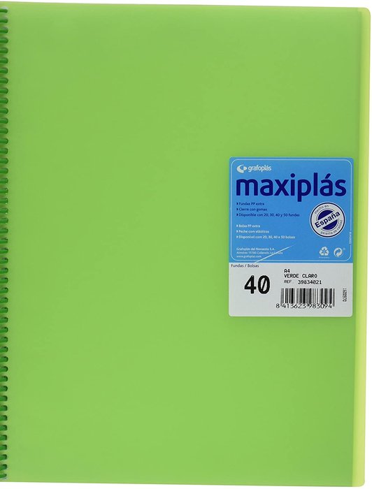 CARPETA 40 FUNDAS MAXIPLAS TRANSPARENTE VERDE CON SOBRE | 1 UNIDADES | (GRAFOPLAS) Imagen principal del producto