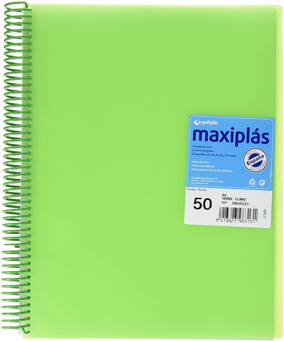 CARPETA 50 FUNDAS MAXIPLAS TRANSPARENTE VERDE CON SOBRE | 1 UNIDADES | (GRAFOPLAS) Imagen principal del producto