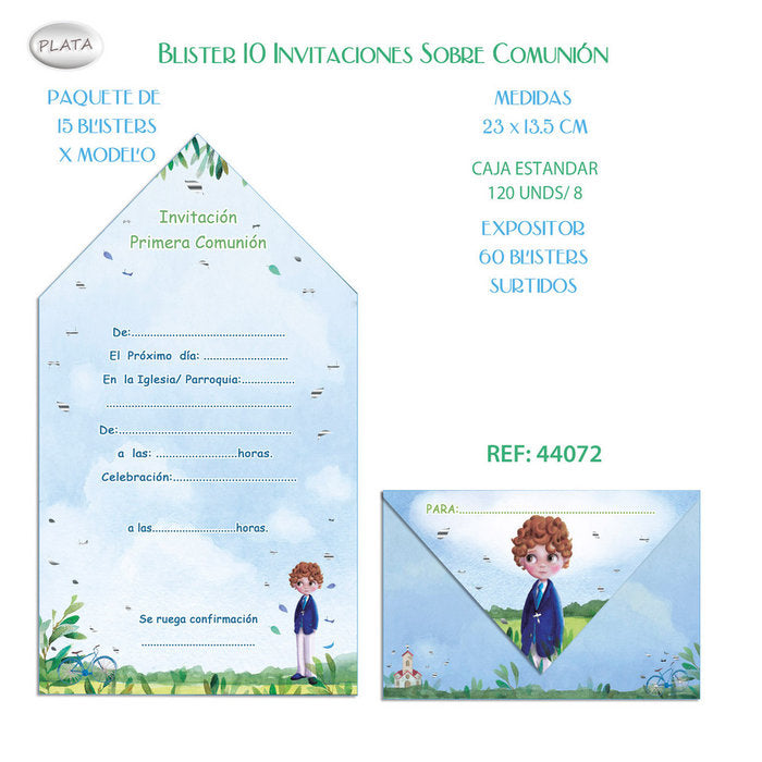 Blister 10 Invitaciones Sobre Comunión Niño Bici Arguval