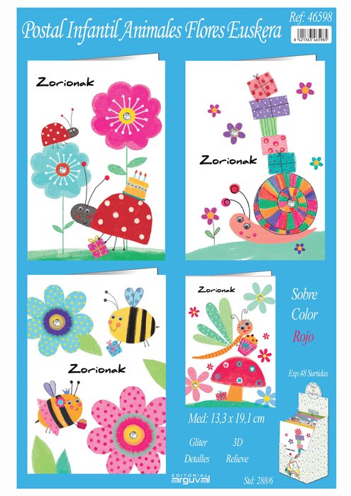 POSTAL INFANTIL ANIMALES FLORES EUSKERA 48 UNIDADES SURTIDAS | ARGUVAL, S,L, | ENVASE 48 UDS. UNIDAD | 8421363465985
