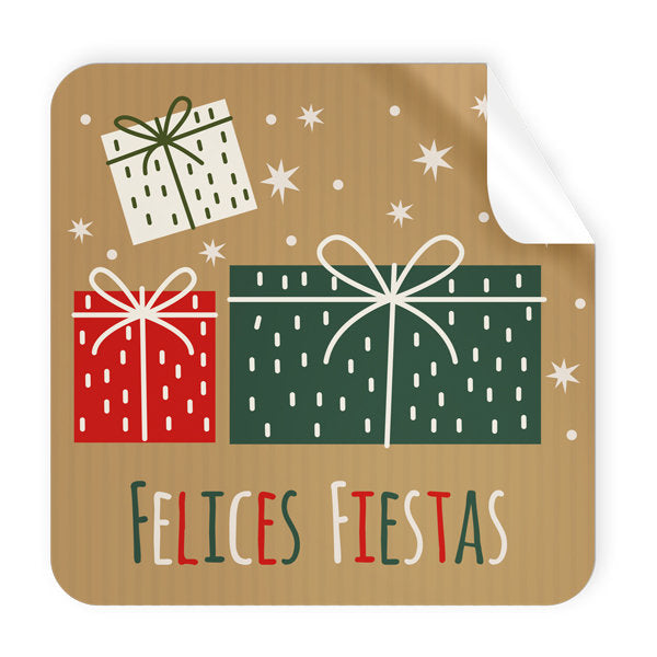 Rollo 250 Etiquetas Cuadradas Kraft Felices Fiestas