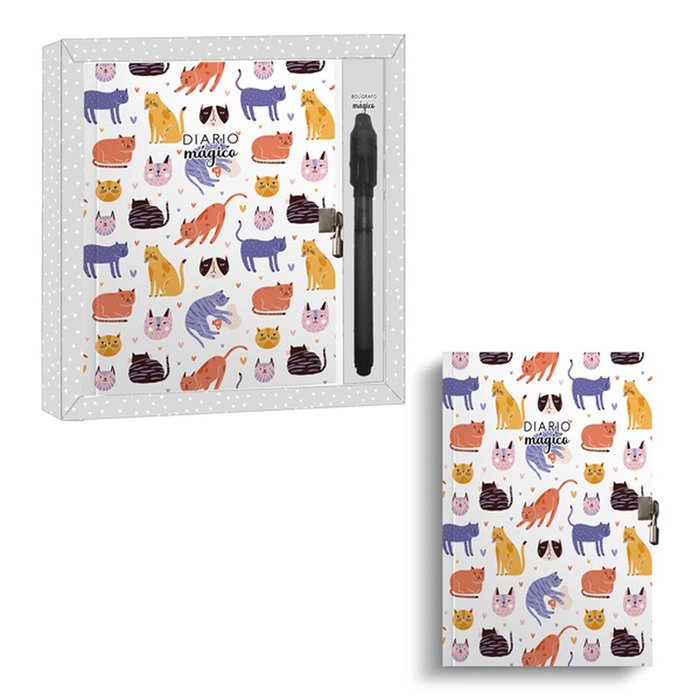 DIARIO CON BOLIGRAFO MAGICO GATOS 90P DECORADAS Y CERRADURA | 1 UNIDADES | (ARGUVAL, S,L,) Imagen principal del producto
