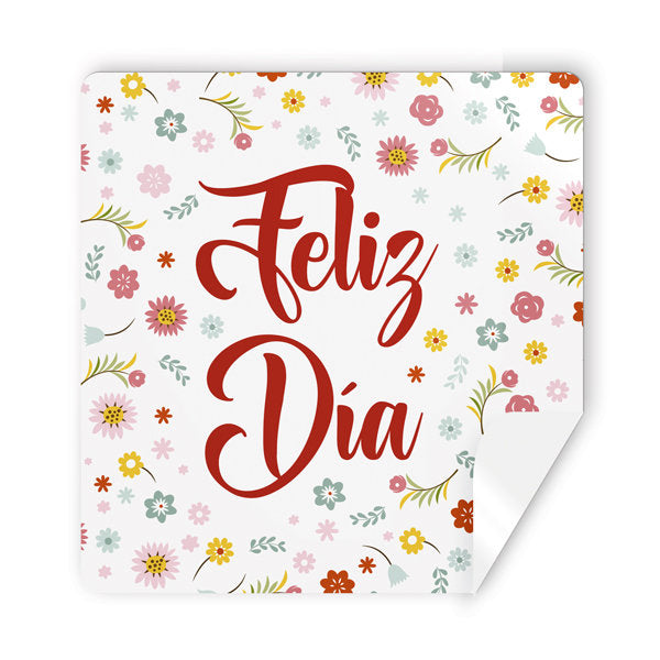 Etiquetas Feliz Día Flores Cuadradas 250 U Marca Arguval