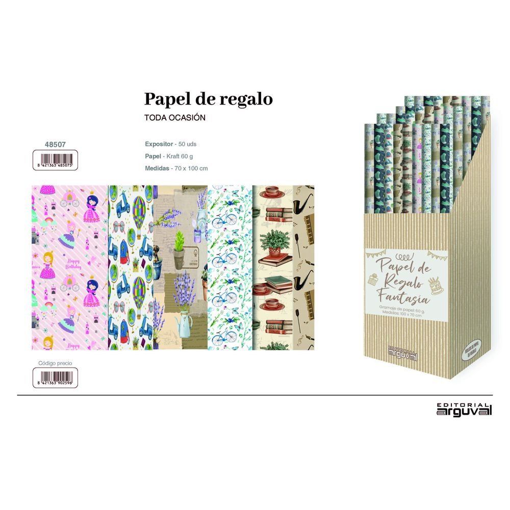 PAPEL REGALO ROLLO KRAFT SURTIDO 50U | ARGUVAL, S,L, | ENVASE 50 UDS. UNIDAD | 8421363485075 Imagen principal del producto