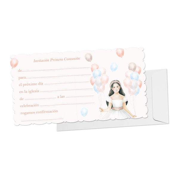 Invitación y Sobre Comunión Niña Globos 10 U. Argüval Comunión