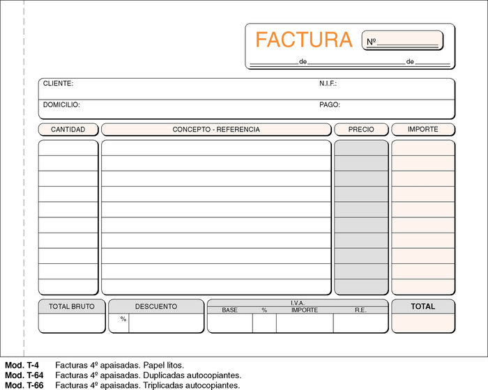 Paq/10 Talonarios de Facturas 1/4 Apaisado T-4 Loan