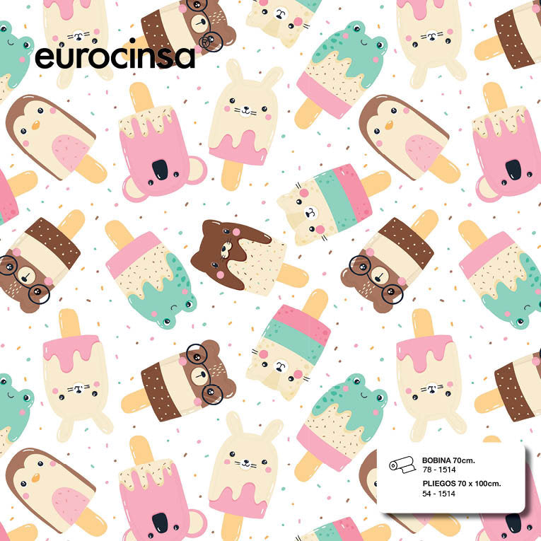 PAPEL REGALO BOBINA 62CM INFANTIL HELADOS ANIMALES | EUROCINSA | 1 UNIDAD | 8422917750816