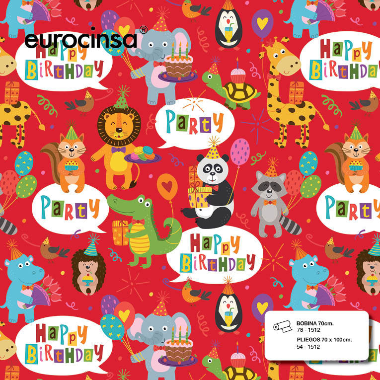 PAPEL REGALO BOBINA 31CM INFANTIL ANIMALES FONDO ROJO | EUROCINSA | 1 UNIDAD | 8422917751387