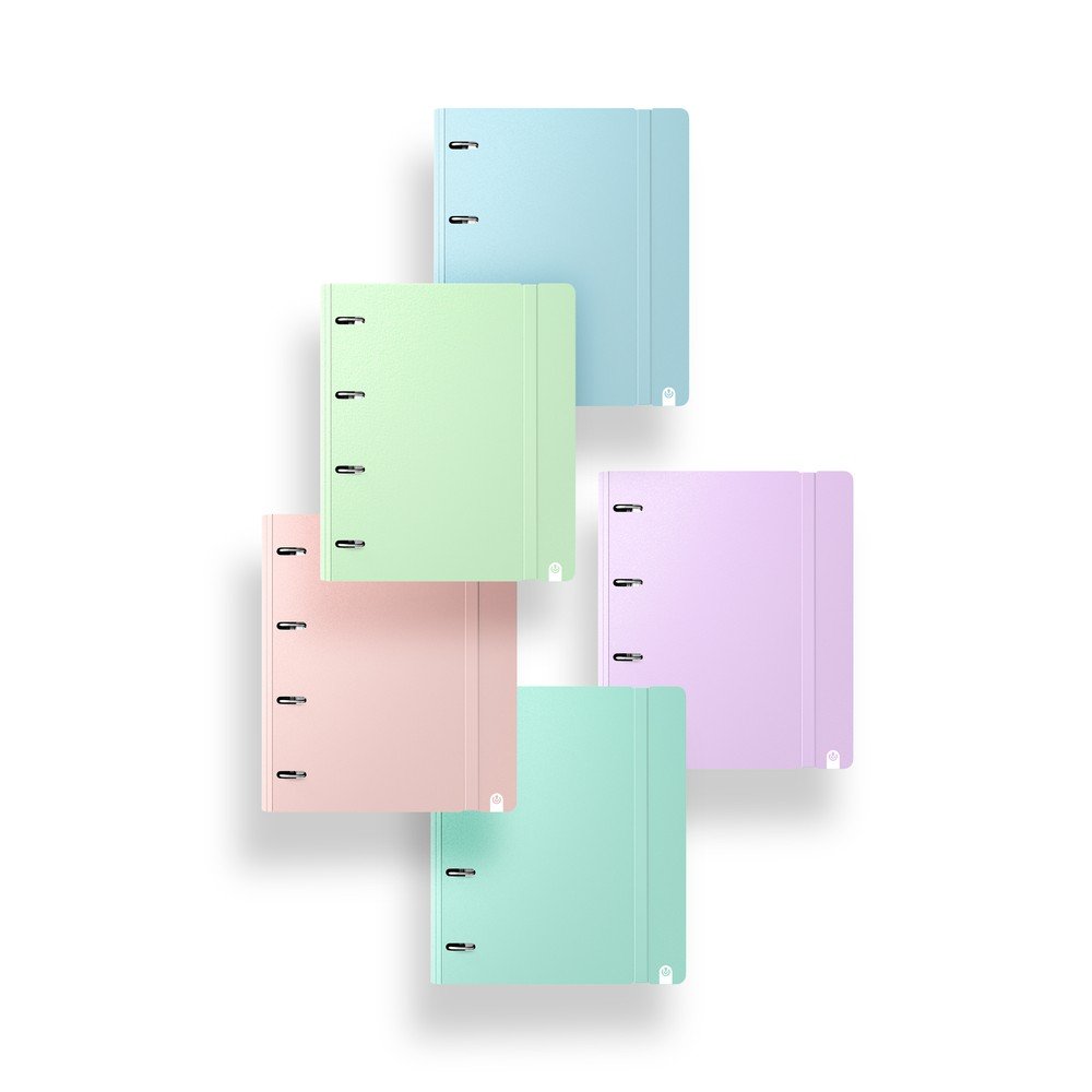 Paq/8 carpeblock foam Soft 4 anillas 35mm con recambio 100h cuad.5x5 con greca y cierre de goma colores pastel