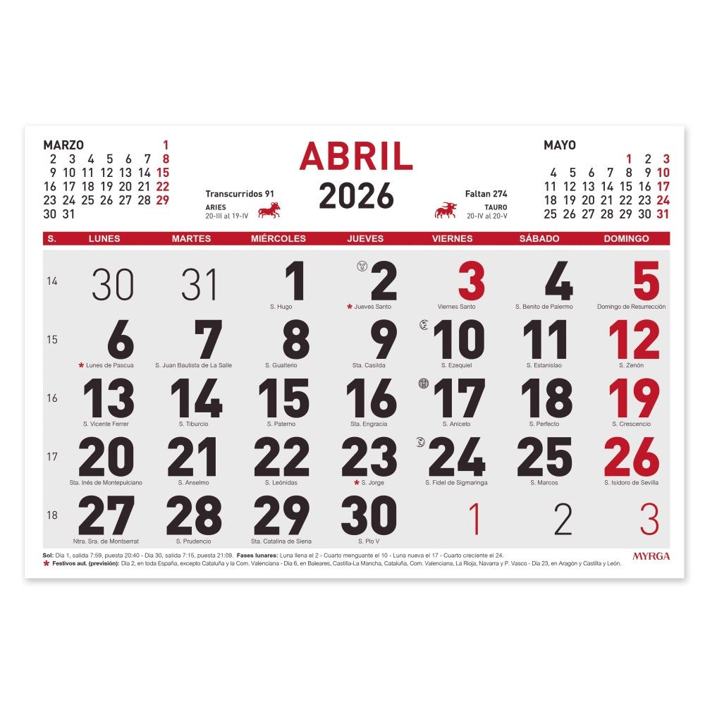 Calendario Mensual 2026 MYRGA en Blanco