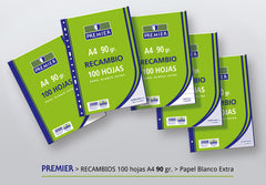 RECAMBIO A4 100H 90GR 4 TALADROS CUADRO 4MM PREMIER | 40 UNIDADES | (MANIPULADOS ZORRILLA)