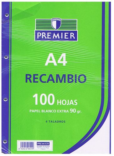 RECAMBIO A4 100H 90GR 4 TALADROS MILIMETRADO | 1 UNIDADES | (MANIPULADOS ZORRILLA) Imagen principal del producto