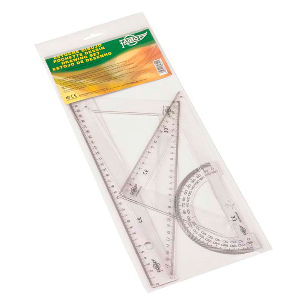 Estuche dibujo escolar transparente, regla 30 cm, escuadra y cartabón 30 cm, semicírculo 15 cm. Imagen principal del producto
