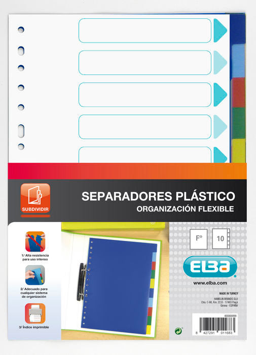 SEPARADORES FOLIO PLASTICO 10 POSICIONES COLORES SURTIDOS | 50 UNIDADES | (ELBA) Imagen principal del producto
