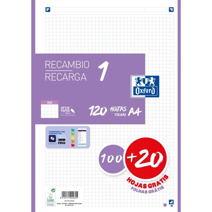 RECAMBIO A4 100+20 HOJAS 5X5 CUADRO SURTIDOS | 1 UNIDADES | (OXFORD) Imagen principal del producto