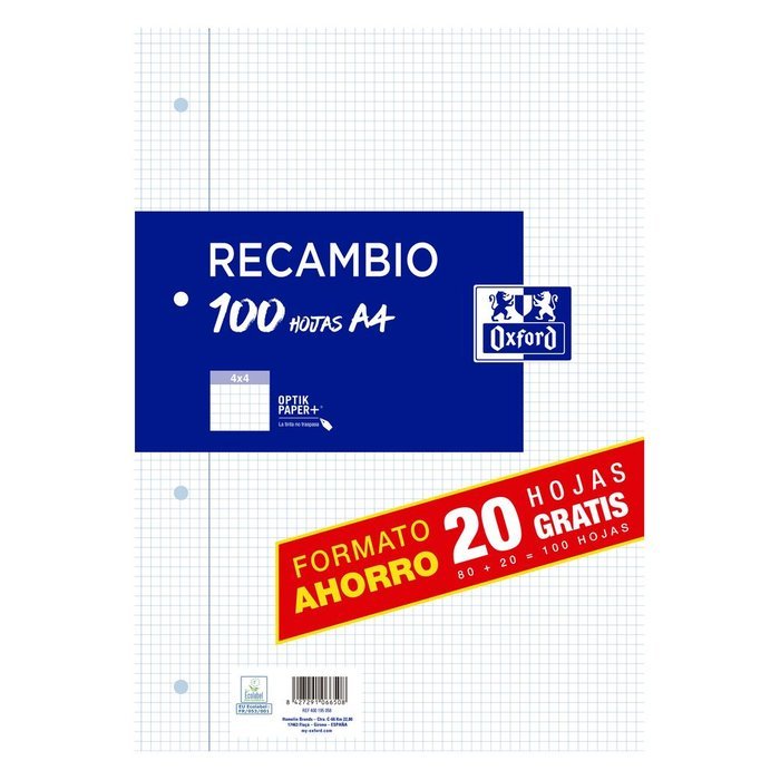 RECAMBIO A4 80+20H CUADRO 4X4 CON MARGEN | 25 UNIDADES | (OXFORD) Imagen principal del producto