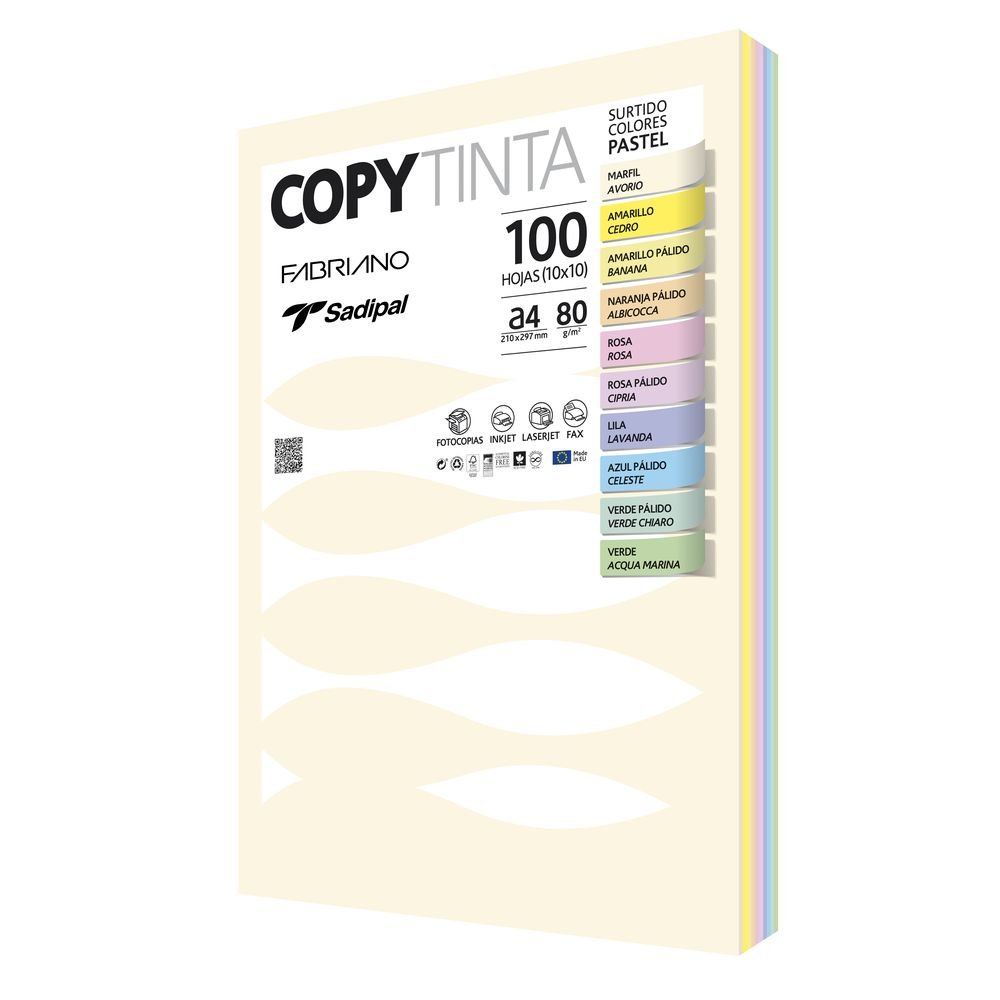 Papel A4 Copy Tinta 80 g Surtido Colores Pastel SADIPAL Pack 100 hojas Imagen principal del producto
