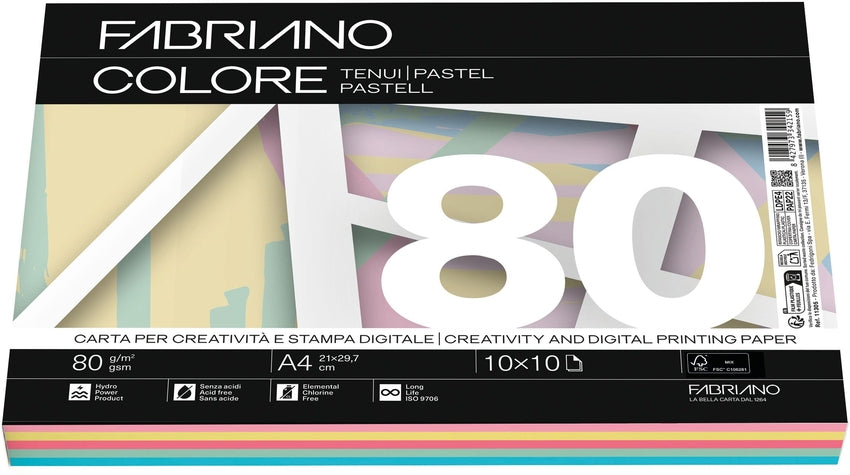 Paquete papel fabriano colore a4 100h 80g colores surtido pastel