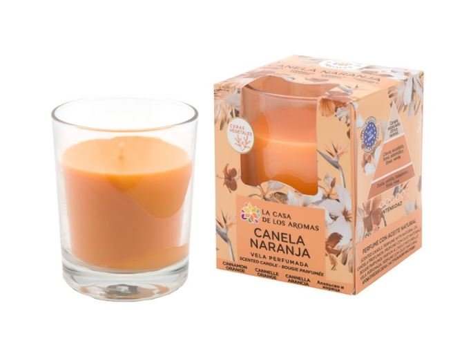 VASO VELA GRANDE 140G CANELA Y NARANJA | CASA AROMAS/FLOR DE MAYO | ENVASE 6 UDS. UNIDAD | 8428390047849