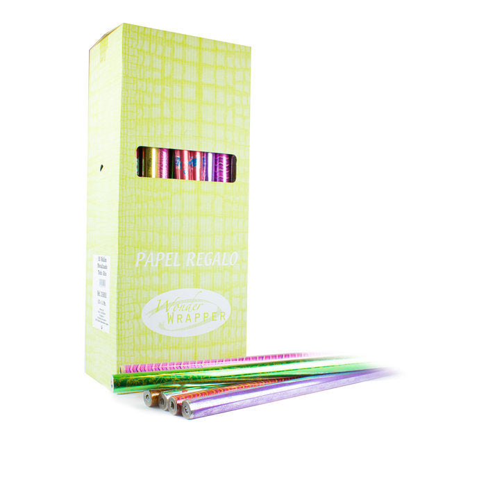 EXPOSITOR 50 ROLLOS PAPEL REGALO METALIZADO TODO AÑO | WONDER WRAPPER | ENVASE 50 UDS. UNIDAD | 8429640315275