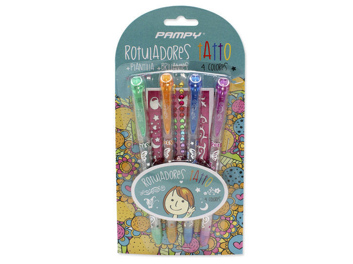 Rotuladores Tatto 4 Colores + Plantilla+Brillantes | Poessa Bismark Regalo | Pack 12 Unidades Imagen principal del producto