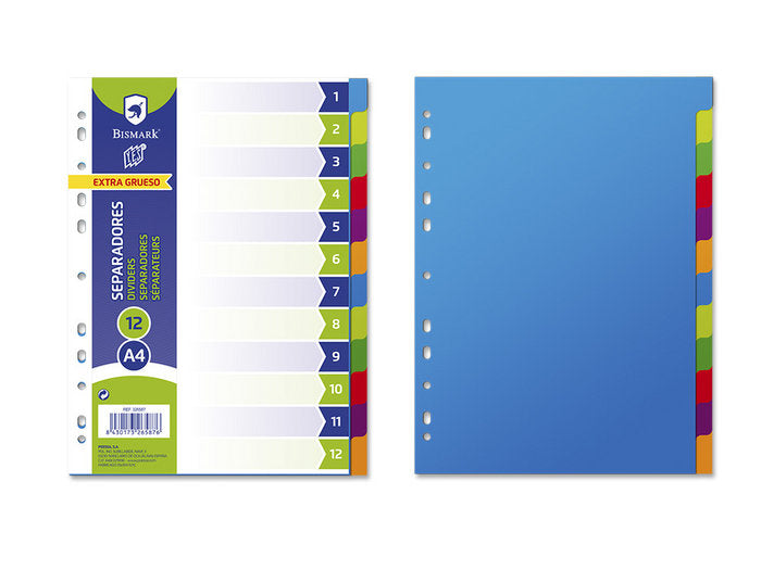 SEPARADORES PP A4 12 DEPARTAMENTOS EXTRA GRUESOS | 10 UNIDADES | (POESSA BISMARK BASICO)