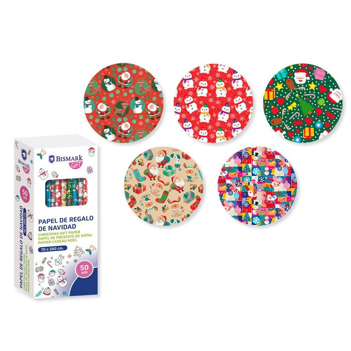 EXPOSITOR 50 ROLLOS PAPEL REGALO NAVIDAD COLORS 70X200 | BISMARK NAVIDAD | ENVASE 50 UDS. UNIDAD | 18430173298598 Imagen principal del producto