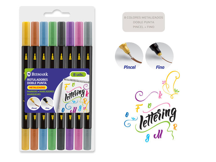 Set 8 Rotuladores Doble Punta Metalizado Lettering | Poessa Bismark Regalo | Pack 1 Unidades
