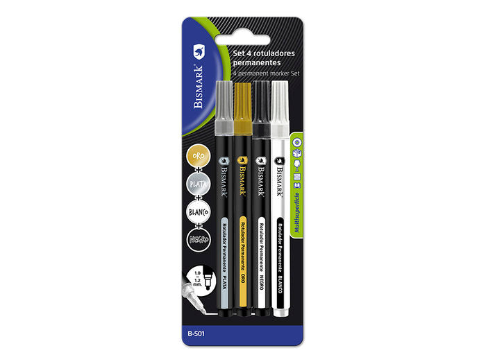 Set 4U Rotulador Permanente Oro/Plata/Negro/Blanco | Poessa Bismark Basico | Pack 12 Unidades